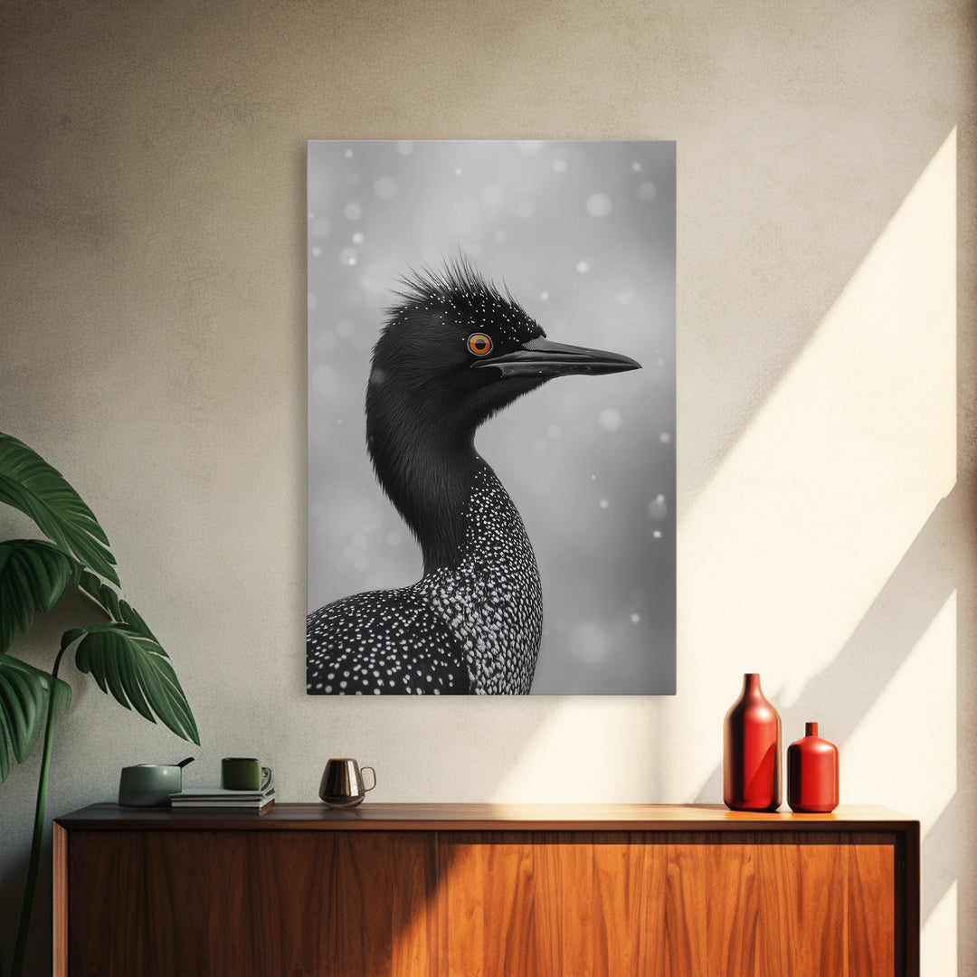 Black Loon, Bird Closeup, Snowy Glow, Winter Nature Canvas Print, Wildlife Wall Art, Modern Bedroom Decor, Birdwatcher Gift Print