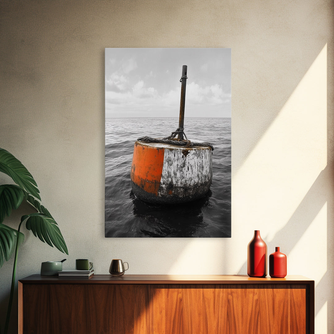 Ocean Buoy Art, Nautical Minimalism, Coastal Wall Decor, Industrial Seascape, Framed Canvas Print, Rustic Ocean Art, Bathroom Wall Art