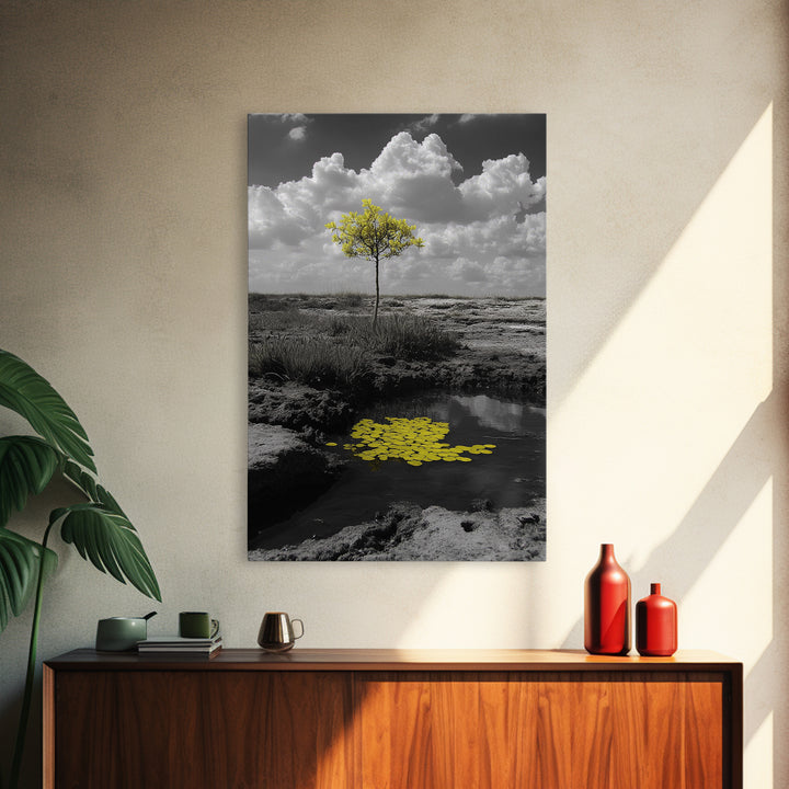 Solitary Tree, Desert Reflection, Yellow Leaves, Framed Canvas Print, Minimalist Wall Art, Bedroom Decor, Nature Fine Art Landscape