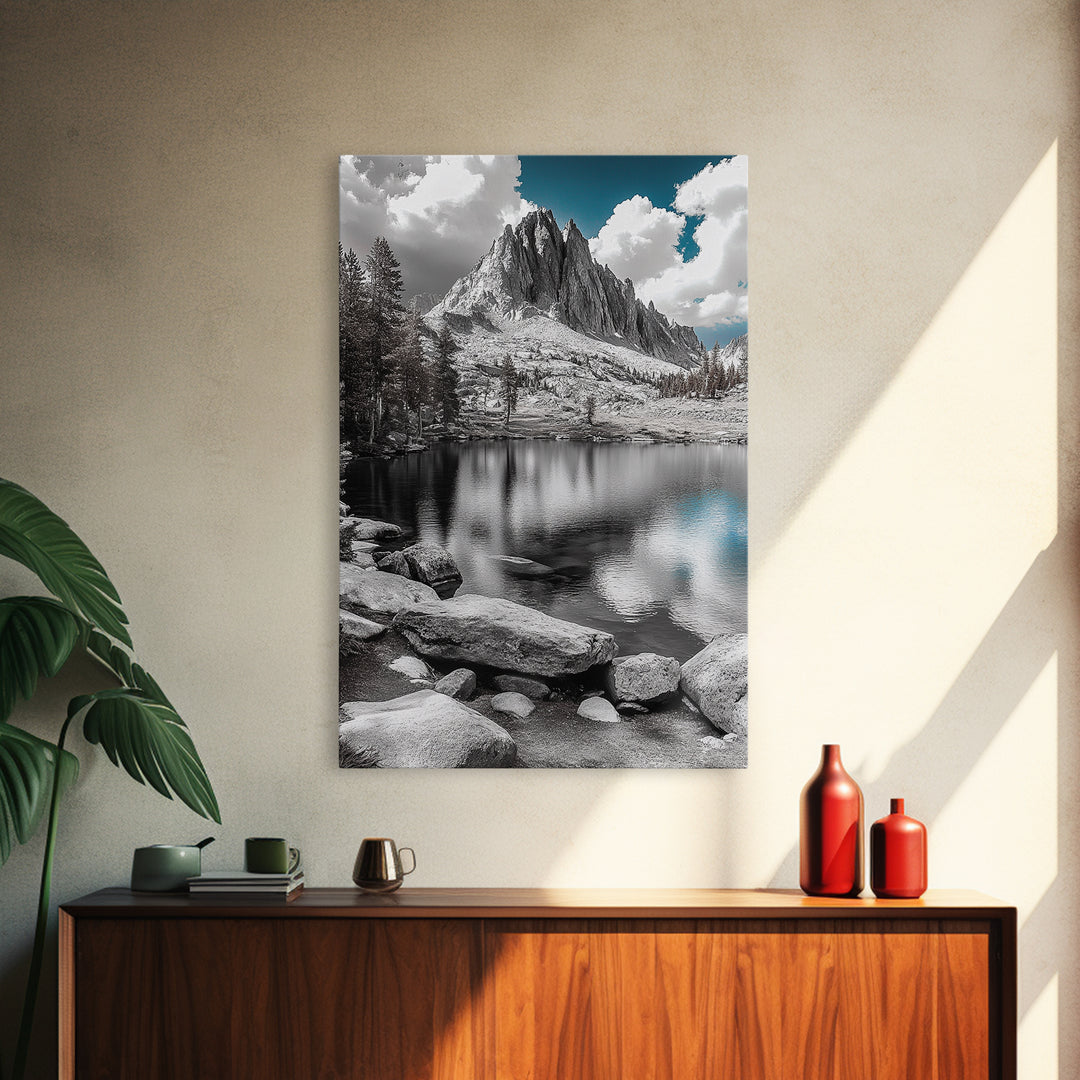 Crystal Lake Peaks, Serene Mountain Reflection, Monochrome Water Scene, Canvas Print, Bedroom Wall Art, Nature Photography Decor