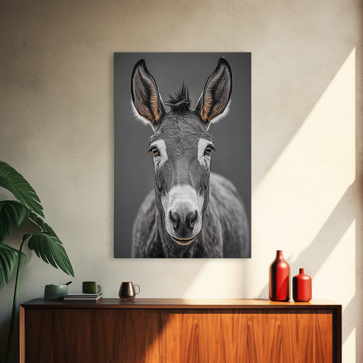 Donkey Close-Up, Rustic Farm Animal, Black and White Portrait, Canvas Print, Farmhouse Kitchen Art, Country Animal Wall Decor