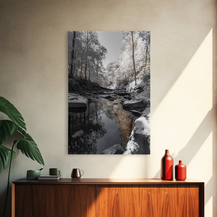 Autumn Creek Walk, Monochrome Forest Stream, Fall Reflections, Framed Canvas Print, Entryway Wall Art, Nature Trail Photography Decor