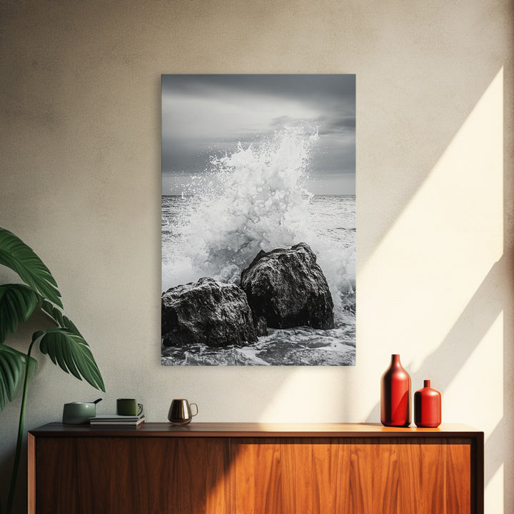 Ocean Splash, Rocky Coast, Dramatic Seascape, Monochrome Power, Framed Canvas Print, Coastal Wall Art, Entryway or Office Decor