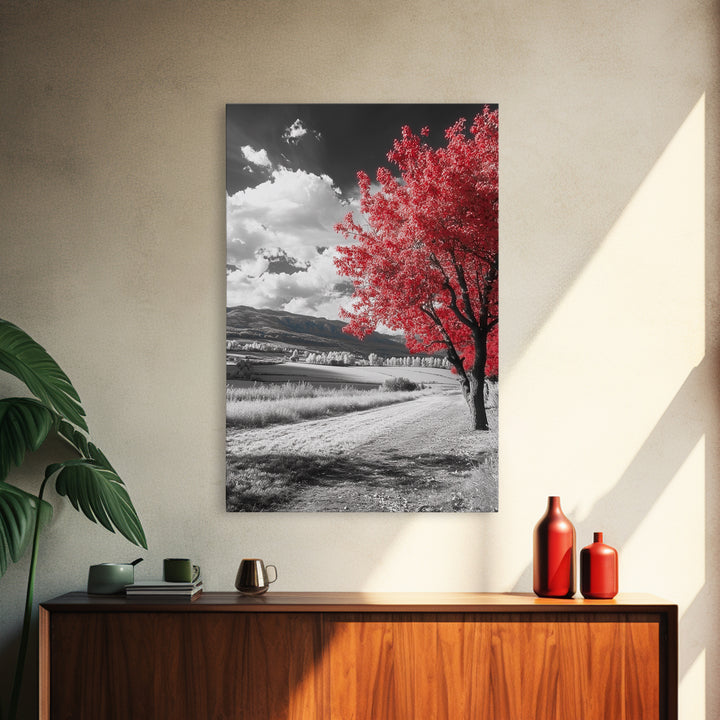 Autumn Red Tree, Scenic Road, Countryside Field, Framed Canvas Print, Fall Wall Art, Rustic Home Decor, Nature Photography, Office Accent