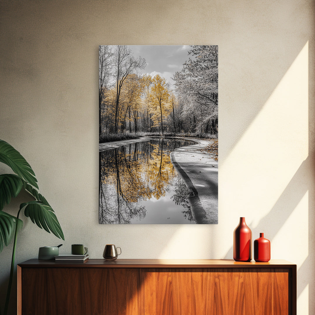 Autumn Trees, Yellow Reflection, Calm River, Nature Path, Framed Canvas Print fall landscape wall art, minimalist forest photography