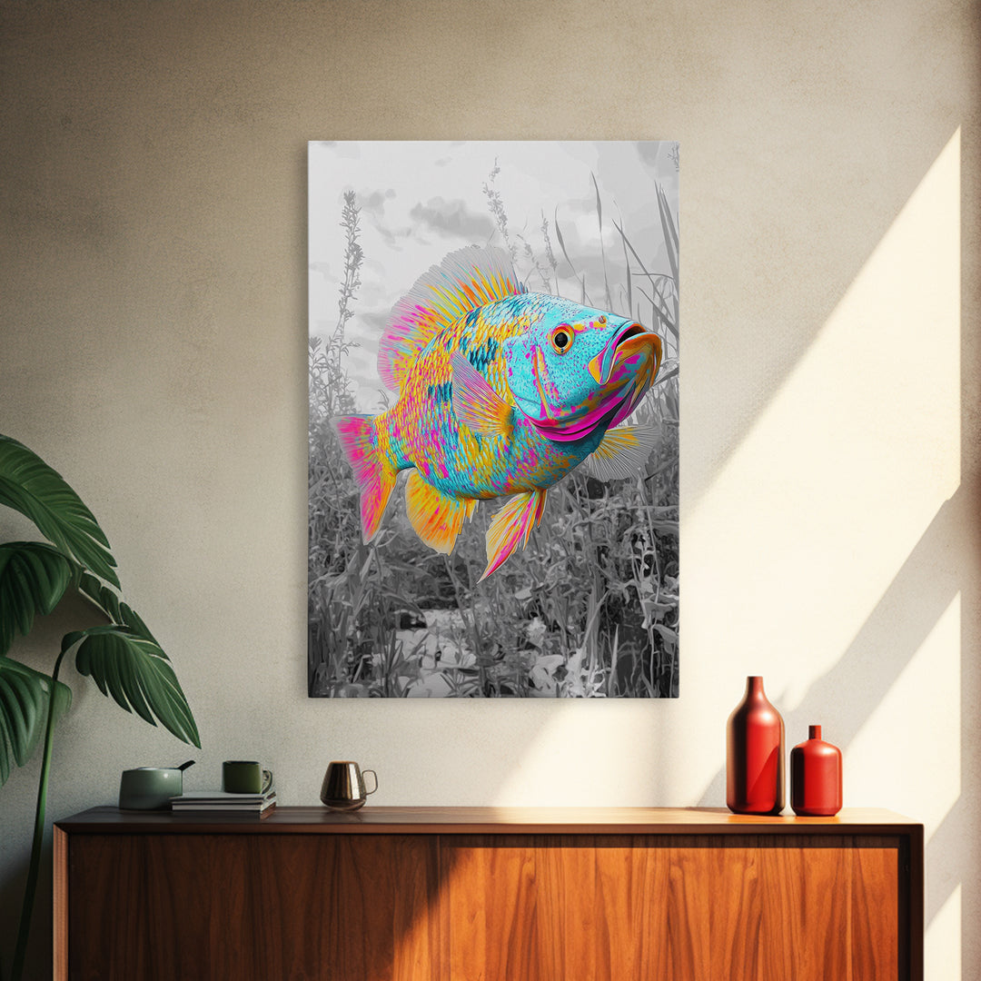 Neon Fish, Color Splash, Bright Animal, Vibrant Water, Framed Canvas Print psychedelic aquatic art, kids room fish wall decor, animal print