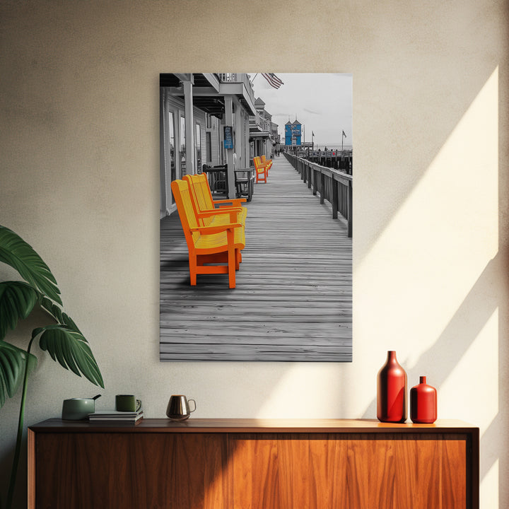 Boardwalk Chairs, Orange Seating, Coastal Town, Wooden Path, Framed Canvas Print beach town photography, nautical home decor, coastal art