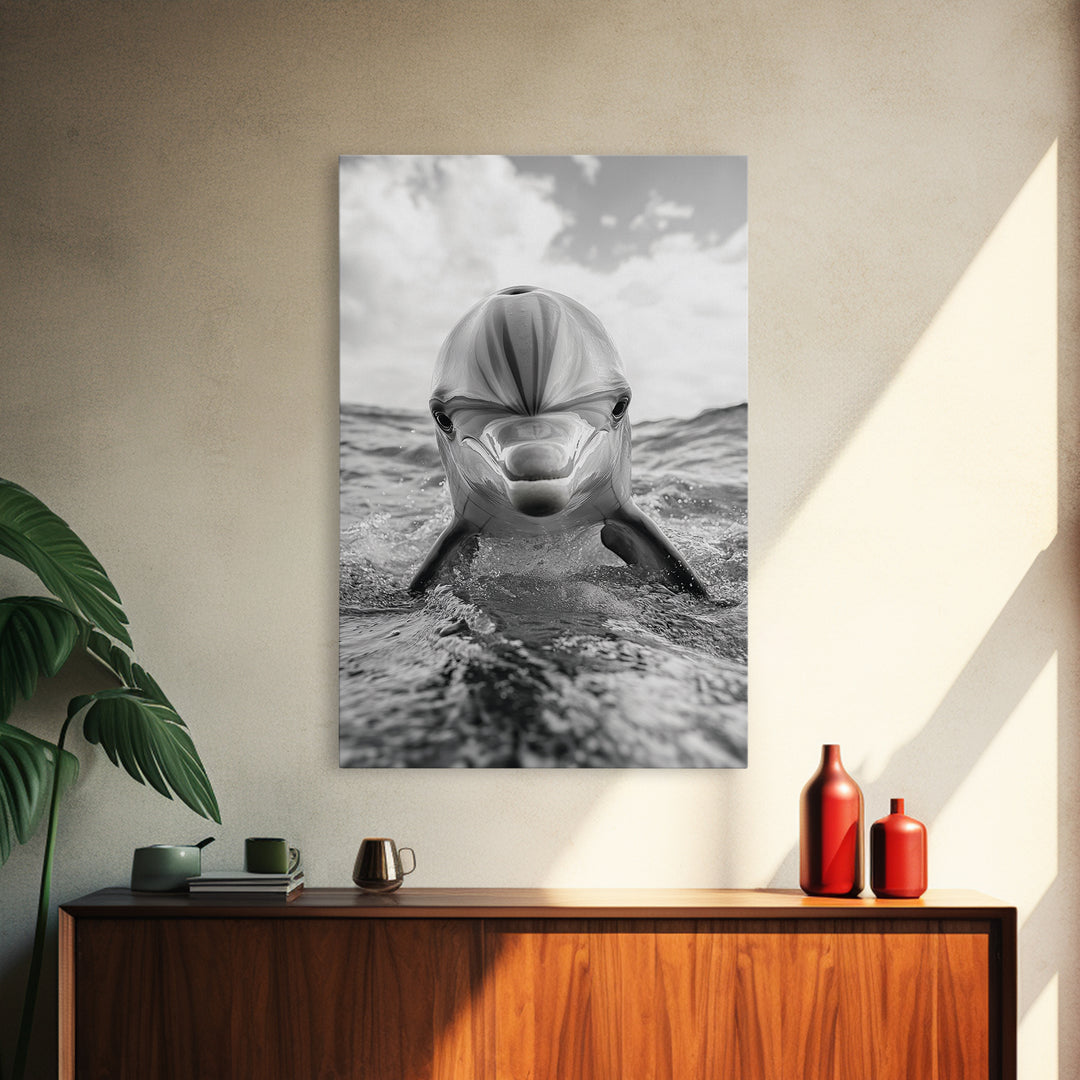 Dolphin Splash, Ocean Encounter, Monochrome Wildlife, Canvas Print, Coastal Wall Art, Bathroom Decor, Marine Animal Photography