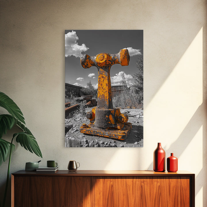 Rusty Bolt, Yellow Steel, Industrial Contrast, Framed Canvas Print, Garage Decor, Workshop Wall Art, Urban Grunge Photography
