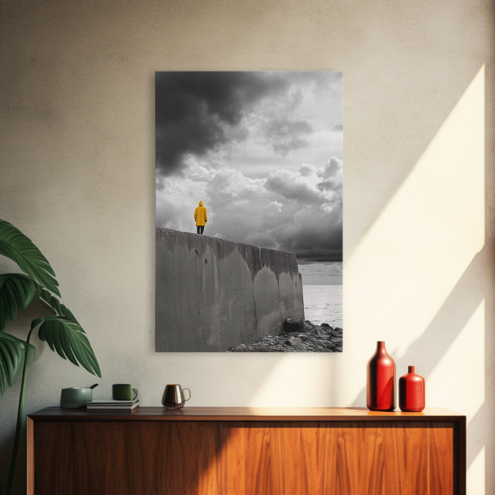 Yellow Raincoat, Ocean Storm, Moody Skies, Framed Canvas Print, Minimalist Wall Art, Coastal Entryway Decor, Contemplative Scene