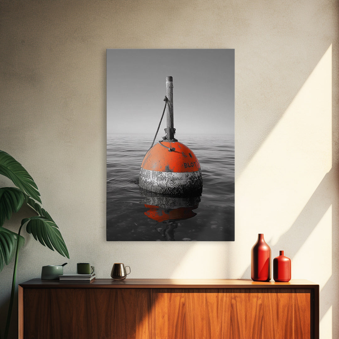 Ocean Buoy, Red Marker, Maritime Minimalism, Canvas Print, Coastal Bathroom Art, Nautical Wall Decor, Marine Industrial Aesthetic