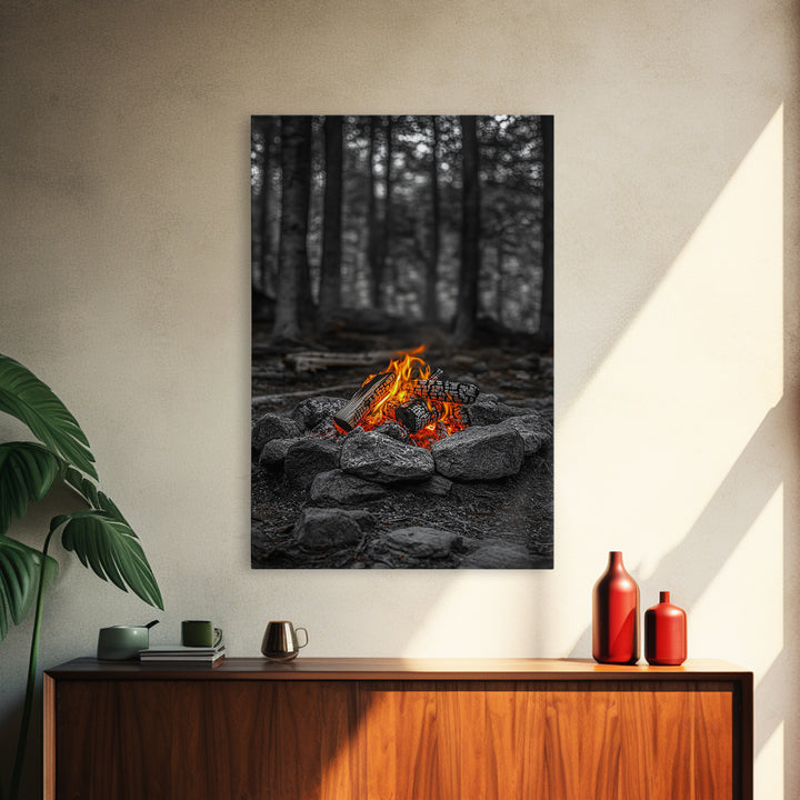 Campfire Glow, Cozy Flames, Autumn Wall Art, Framed Canvas Print, Nature Photography, Rustic Decor, Living Room Cabin Aesthetic