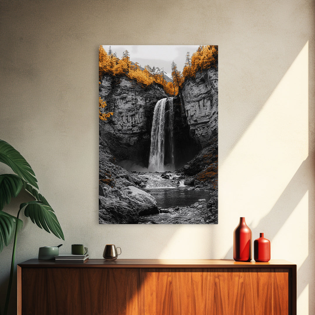 Autumn Waterfall, Forest Stream, Yellow Trees, Canvas Print, Nature Wall Art, Fall Decor, Moody Landscape Art, Living Room Wall Art