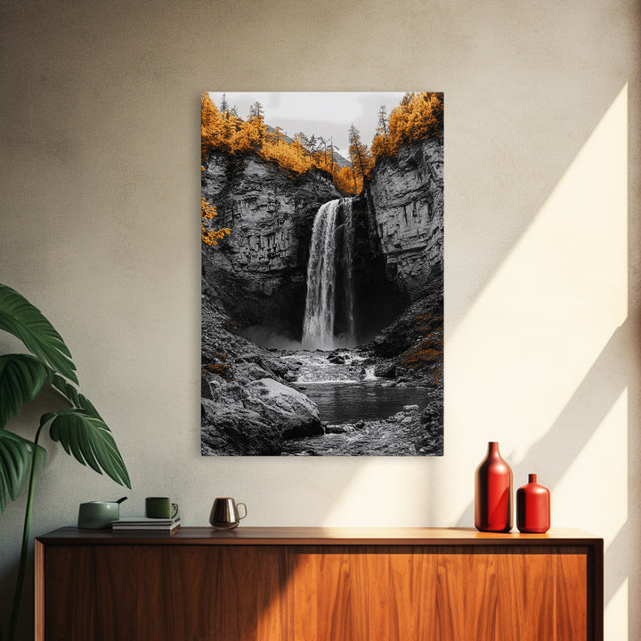 Autumn Waterfall, Forest Stream, Yellow Trees, Canvas Print, Nature Wall Art, Fall Decor, Moody Landscape Art, Living Room Wall Art
