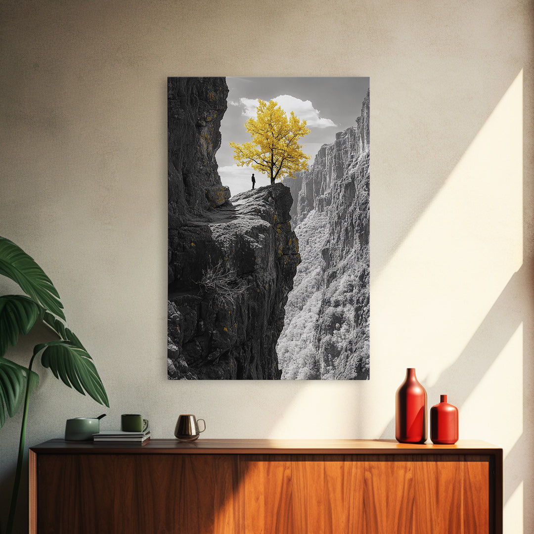 Cliff Tree, Yellow Foliage, Hiker Scene, Framed Canvas Print, Landscape Art, Fall Wall Decor, Adventure Wall Art, Office Statement Piece