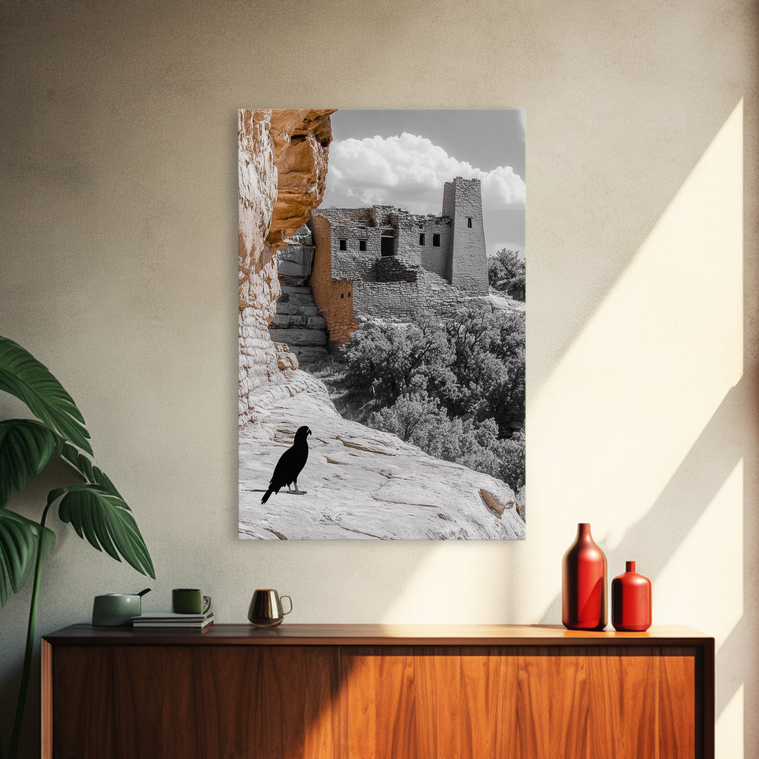 Desert Ruins, Black Bird, Ancient Architecture, Canvas Print, Historical Wall Art, Southwestern Decor, Moody Earth Tones, Living Room Art