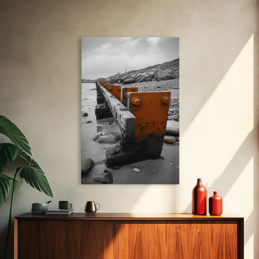 Coastal Breakwater, Rust Texture, Industrial Seascape, Framed Canvas Print, Modern Rustic Wall Art, Ocean Decor, Urban Beach Style