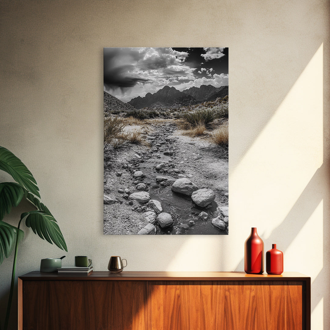 Desert Stream, Rocky Canyon, Moody Sky, Framed Canvas Print, Monochrome Landscape, Minimalist Art, Office or Entryway Decor