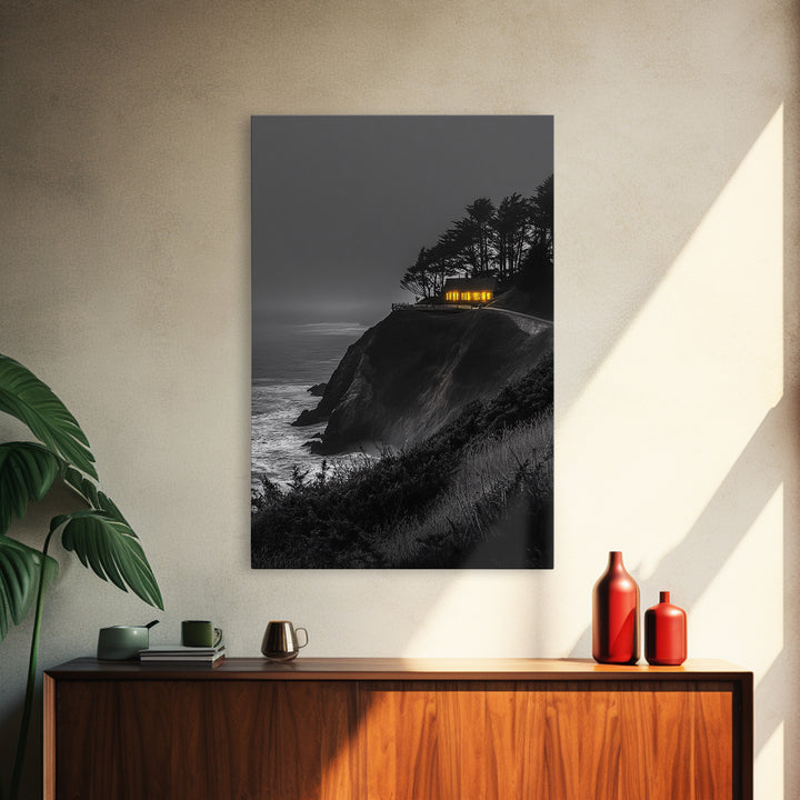 Cabin on Cliff, Moody Coastal Art, Glowing Window, Sunset Seascape, Framed Canvas Print, Minimalist Landscape, Living Room Wall Art