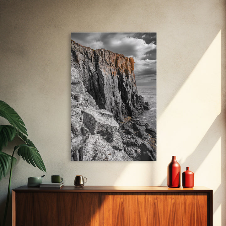 Rugged Cliff Coast, Ocean Rocks, Dramatic Sky, Seaside View, Framed Canvas Print, Coastal Decor, Living Room Wall Art, Earthy Tones