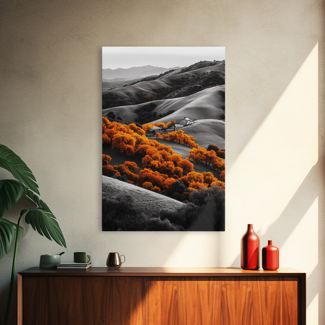Autumn Hills, Vibrant Trees, Countryside View, Framed Canvas Print, Fall Landscape Art, Farmhouse Decor, Cozy Living Room Accent
