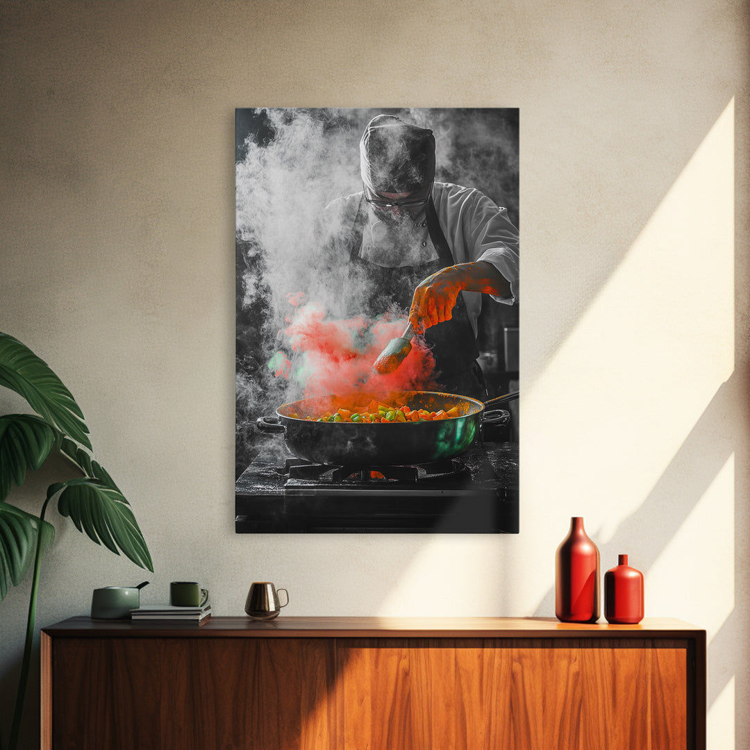 Chef Cooking, Kitchen Smoke, Artistic Culinary Scene, Framed Canvas Print, Modern Kitchen Wall Art, Vibrant Food Art, Chef Decor