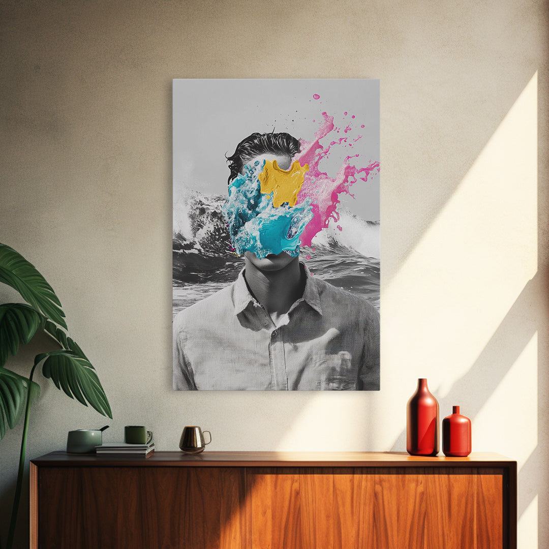 Abstract Portrait, Paint Splash Face, Surreal Ocean Art, Framed Canvas Print, Modern Living Room Art, Pop Surrealism Decor