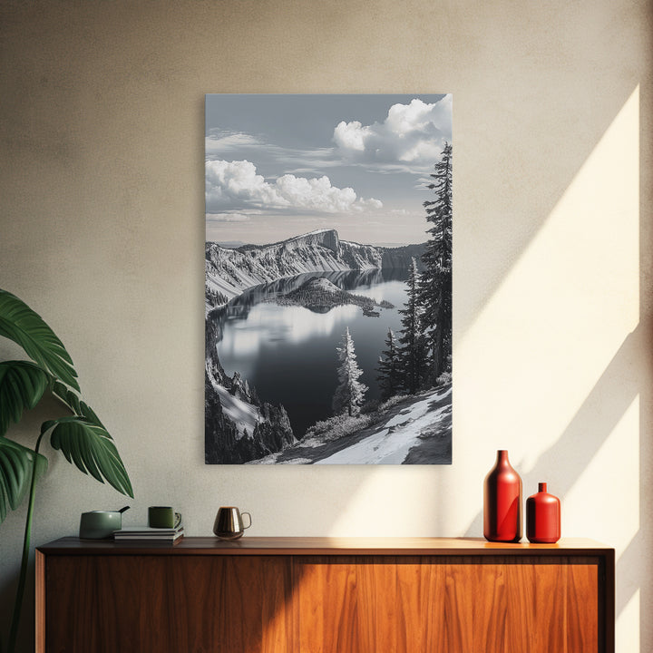 Crater Lake, Snowy Mountains, Scenic Reflection View, Framed Canvas Print, Cabin Wall Art, Winter Landscape Decor, Nature Vibes