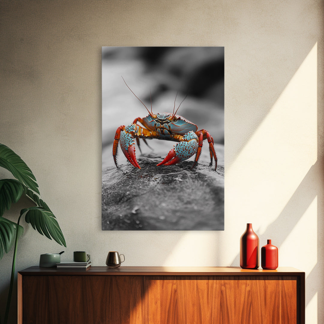 Blue Crab, Vibrant Shell, Coastal Creature Art, Framed Canvas Print, Bathroom Wall Art, Nautical Theme Decor, Ocean Wildlife Art