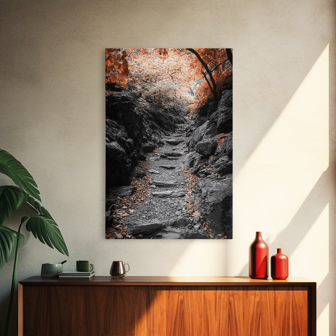 Rocky Trail, Autumn Leaves, Forest Path, Framed Canvas Print, Fall Nature Wall Art, Rustic Entryway Decor, Hiking Landscape Art