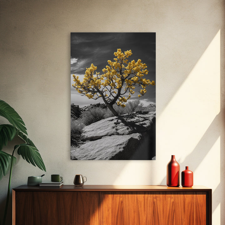 Desert Bloom, Yellow Tree, Rocky Hill, Framed Canvas Print, Southwest Wall Art, Boho Nature Decor, Minimalist Desert Landscape