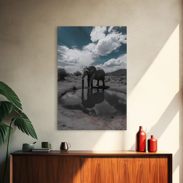 Elephant Reflection, Watering Hole, Savannah Sky, Framed Canvas Print, Wildlife Wall Art, Safari Style Decor, Nature Photography