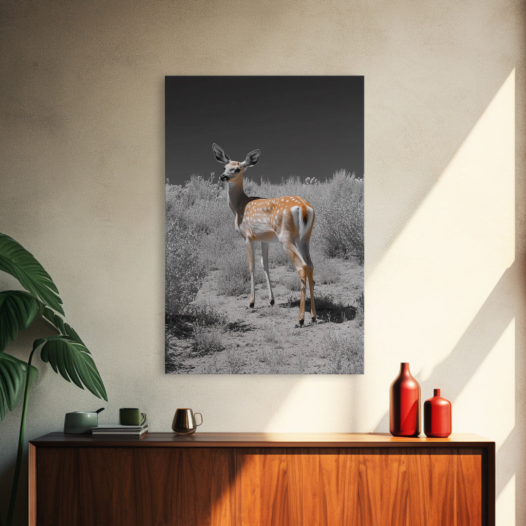 Baby Deer, Spotted Fawn, Desert Wildlife, Framed Canvas Print, Nursery Wall Art, Wildlife Nature Decor, Gentle Forest Animal Art