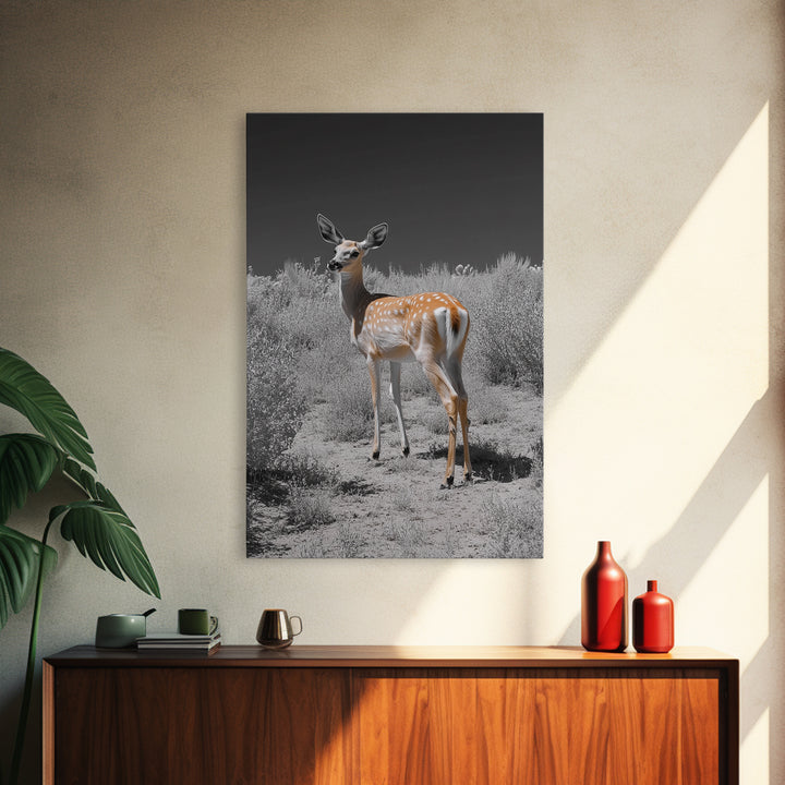 Baby Deer, Spotted Fawn, Desert Wildlife, Framed Canvas Print, Nursery Wall Art, Wildlife Nature Decor, Gentle Forest Animal Art