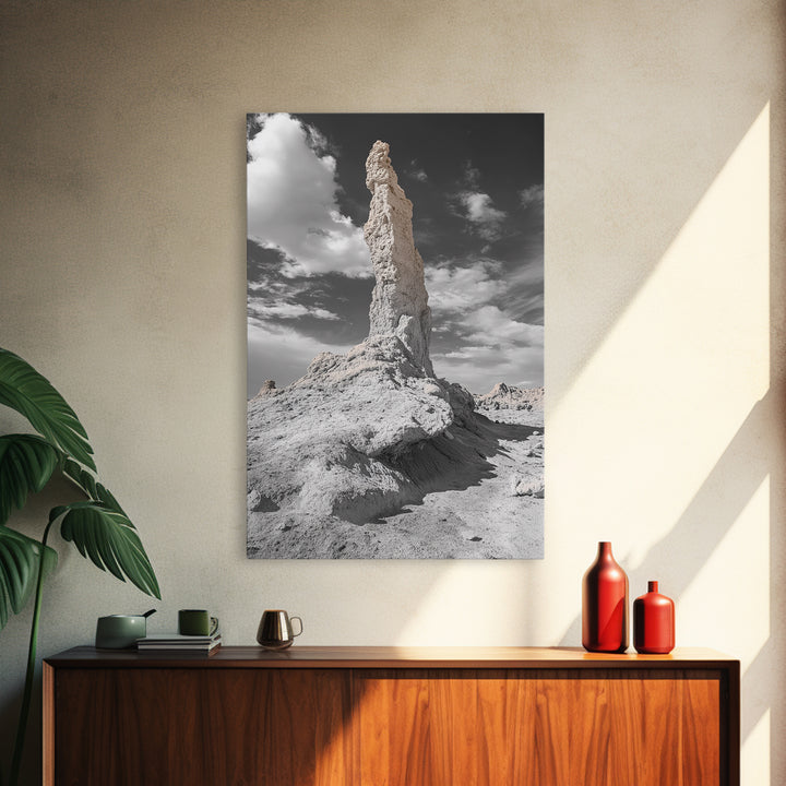 Rock Spire, Desert Monument, Sky Landscape, Framed Canvas Print, Modern Nature Wall Art, Earth Tones Decor, Minimalist Desert Art