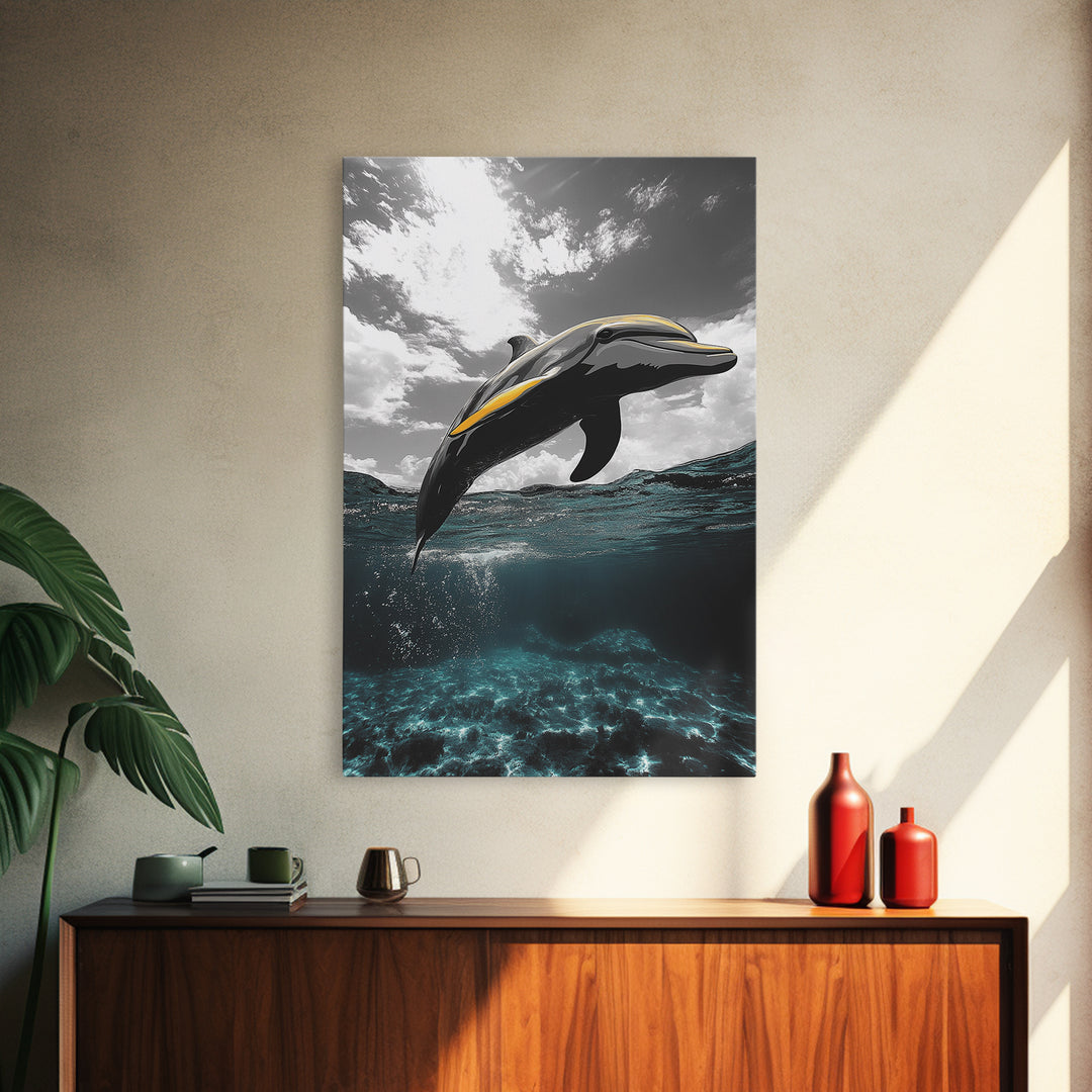 Dolphin Splash, Ocean Wildlife, Underwater Grace, Black White Sea Art, Canvas Print, Bathroom Wall Art, Coastal Decor, Marine Life Style