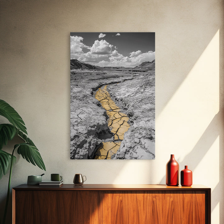 Desert Riverbed, Yellow Crack Trail, Dry Earth Path, Framed Canvas Print, Southwestern Wall Art, Minimalist Nature Decor, Earth Tone Style