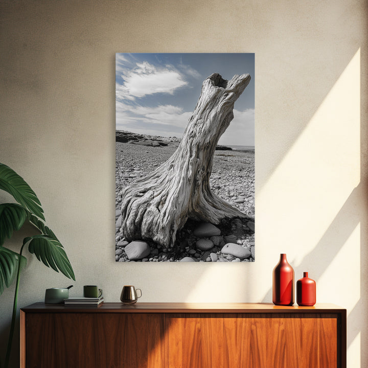Coastal Driftwood, Beach Stump, Pebble Shore, Framed Canvas Print, Rustic Wall Art, Bathroom Decor, Earthy Beach House Accent