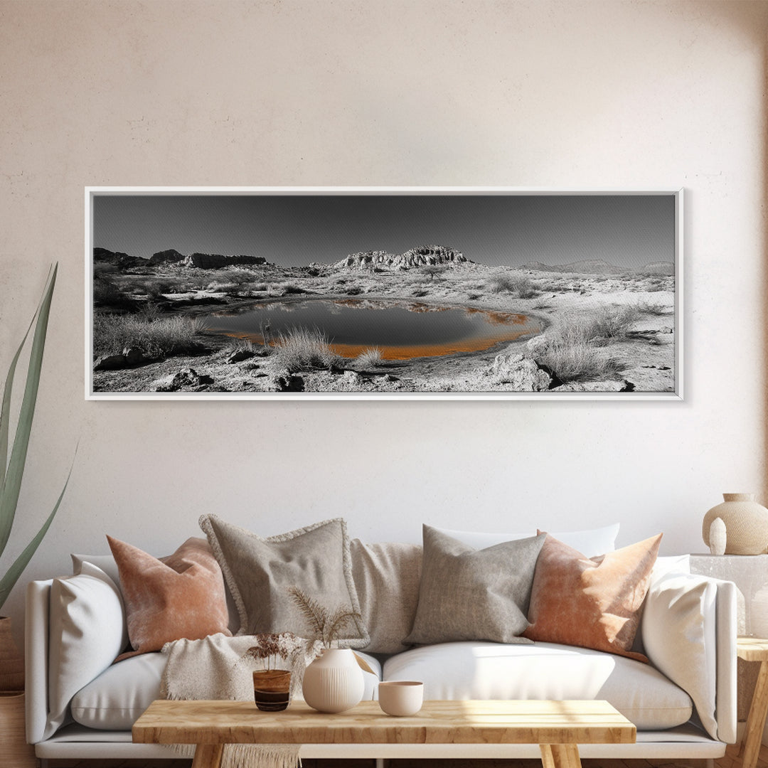 Desert Water Reflection, Desert Pond Scene, Minimalist Landscape Art, Framed Canvas Print, Neutral Wall Decor, Tranquil Nature Artwork