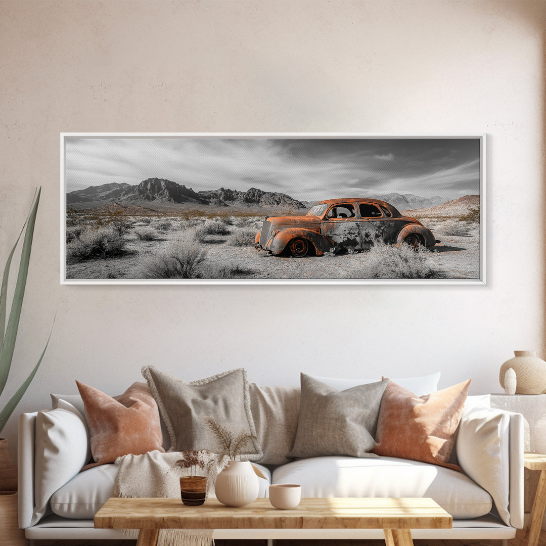Desert Wreck, Abandoned Car, Moody Landscape, Rusty Vehicle — Framed Canvas Print, Industrial Wall Art, Garage Decor, Western Photography