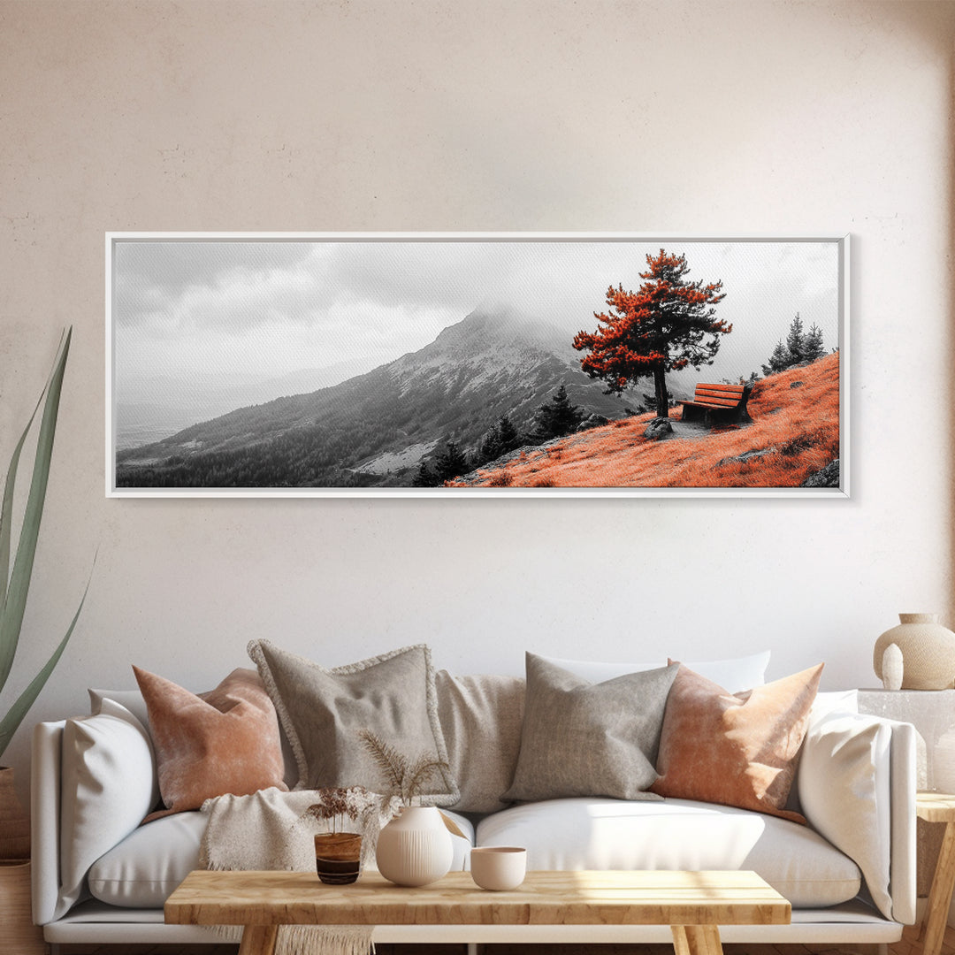 Scenic Bench, Autumn Hills, Serene Vista, Orange Tree — Framed Canvas Print, Minimalist Landscape Art, Fall Home Decor, Bedroom Wall Art