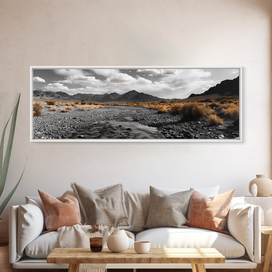 Desert Creek, Rugged Mountains, Golden Shrubs, Nature Path — Framed Canvas Print, Autumn Wall Decor, Rustic Office Art, Landscape Canvas