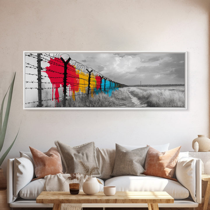 Barbed Wire, Graffiti Fence, Urban Street Art, Political Statement, Framed Canvas Print, Modern Wall Art, Office Decor, Activist Art