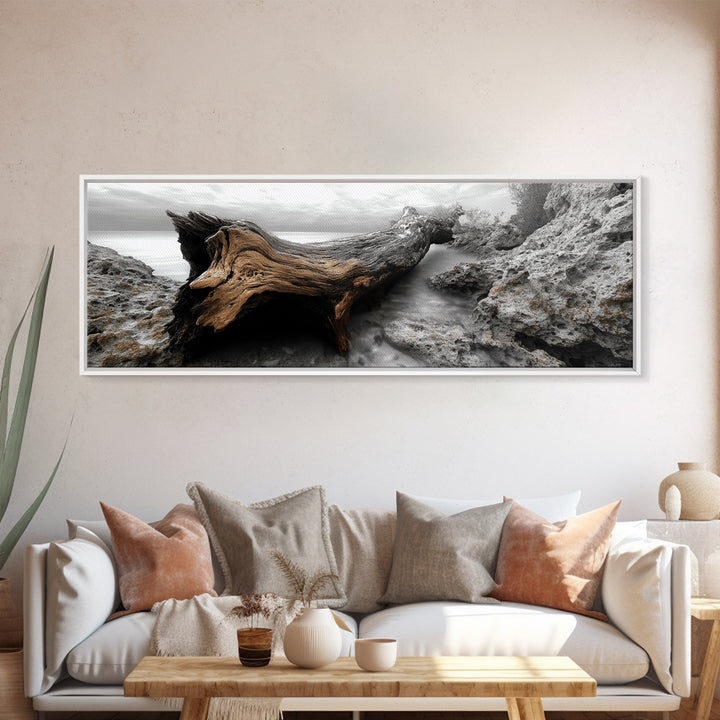 Driftwood Coast, Ocean Roots, Washed Ashore, Beach Texture — Canvas Print, Coastal Decor, Bathroom Wall Art, Monochrome Nature Photography