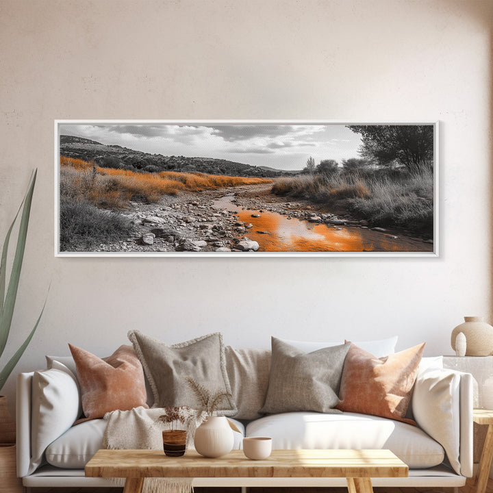 Autumn Stream, Golden Creek, Rustic Nature, Fall Landscape, Framed Canvas Print, Farmhouse Decor, Living Room Wall Art, Earth Tones