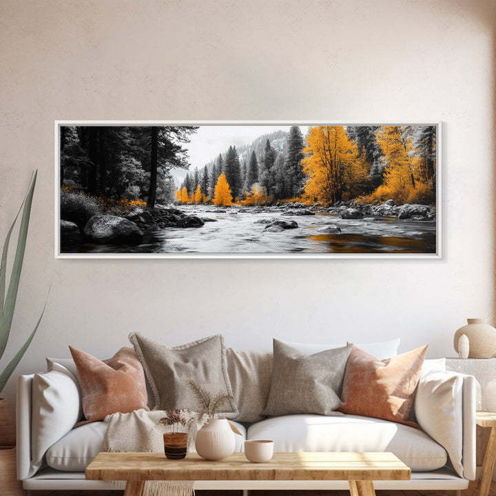 River Flow, Autumn Forest, Mountain Pines, Golden Trees, Canvas Print, Fall Decor, Nature Lover Gift, Rustic Wall Art, Boho Wall Art