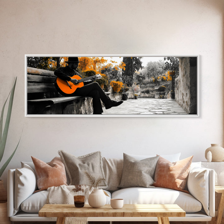 Spanish Guitar, Rustic Music Scene, Autumn Colors, Framed Canvas Print, Fall Wall Art, Living Room Decor, Folk Art, Warm Rustic Charm