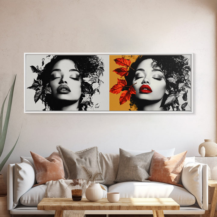 Autumn Leaves, Bold Lips Portrait, Fashion Face Art, Framed Canvas Print, Fall Wall Decor, Modern Bedroom Art, Boho Glam Aesthetic