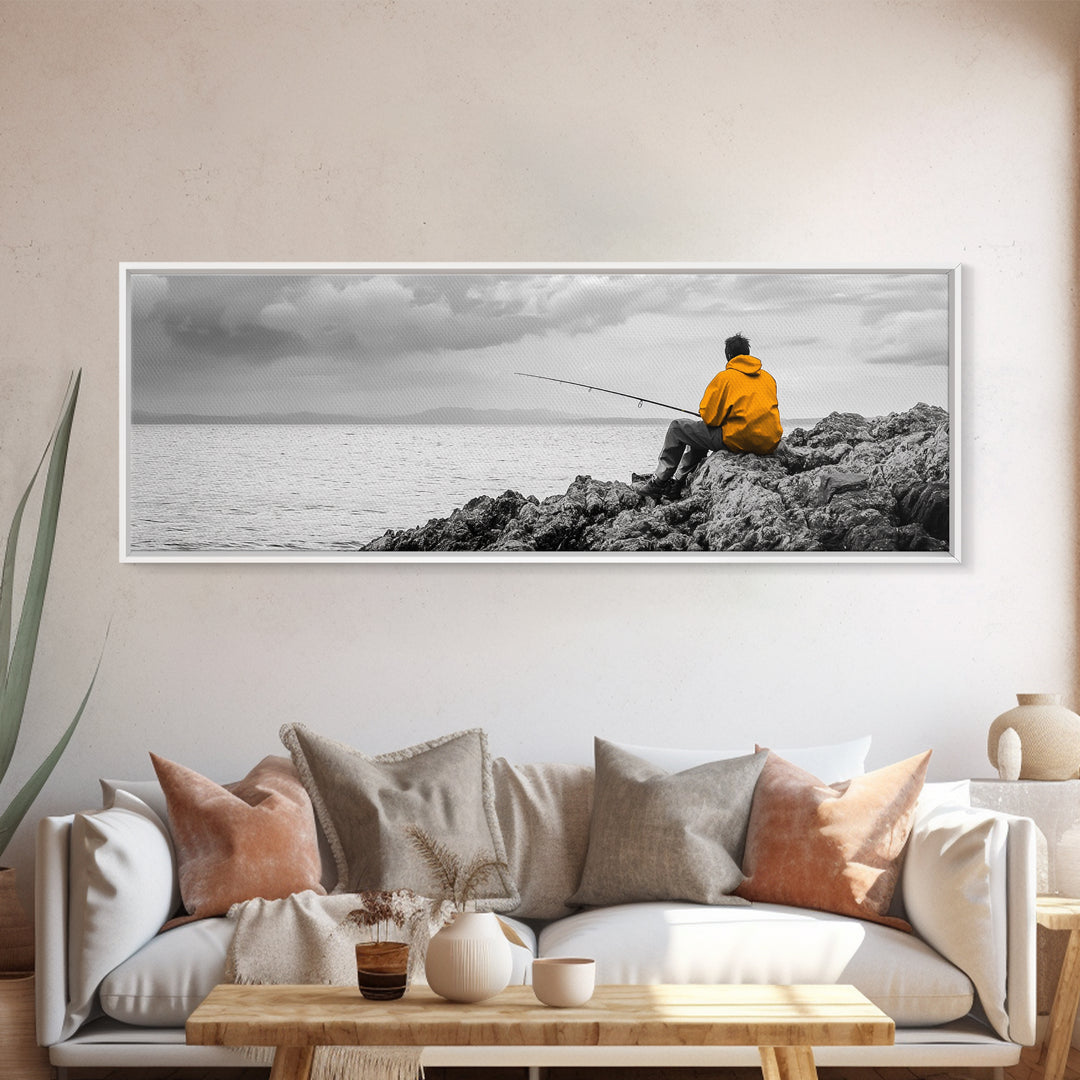 Peaceful Angler View, Yellow Hoodie Fisherman, Canvas Print, Minimalist Seaside Wall Art, Coastal Living Room Art, Fishing Lover Gift