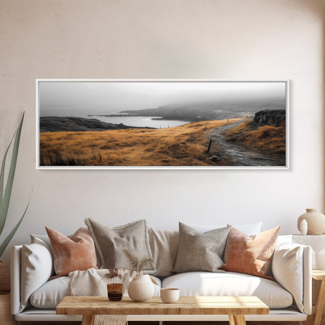 Coastal Cliff Path, Golden Grasses by Sea, Canvas Print, Autumn Hiking Scene, Misty Nature Wall Art, Hallway Landscape Photography